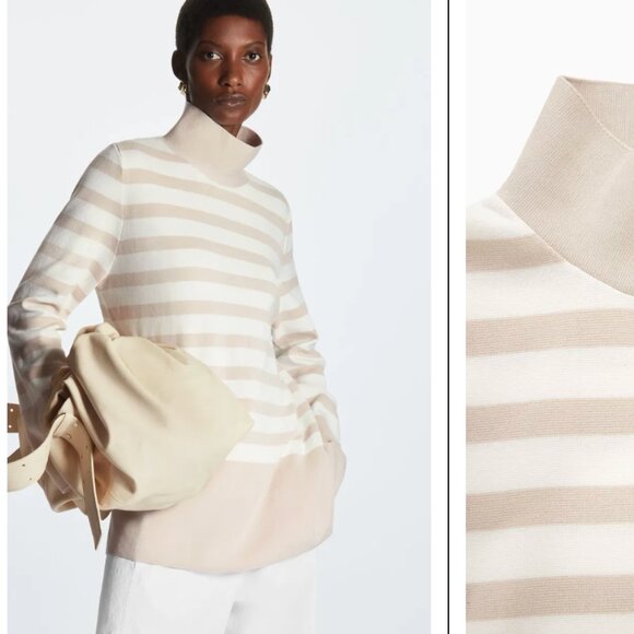 COS Roll Neck A Line Stripe Neutral Sweater Top Size Large $95 - Picture 1 of 11